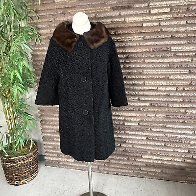 #ad Astrakin Vintage French 60s Black Faux Curly Lamb Swing Coat Real Mink Collar   $99.96