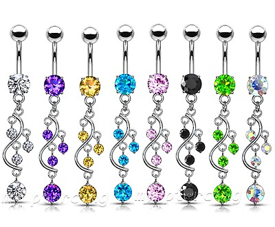 #ad 14G 3 8quot; Vine with Dangling Gems Surgical Steel Navel Belly Button Ring $10.12