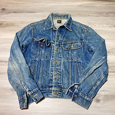 #ad Lee Denim Jean Trucker Jacket Mens Small Vintage Patd 153438 Blue Made In USA $48.88