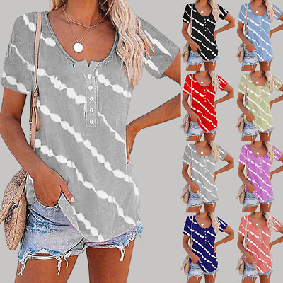 #ad Womens Short Sleeve Summer Shirt T Shirt Striped Button Collar Tunic Tops Blouse $18.39