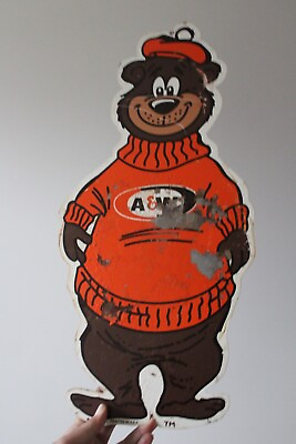 #ad VINTAGE Aamp;W ROOT BEER ROOTY THE BEAR PAINTED METAL SIGN DRIVE IN RESTAURANT HAT $299.00