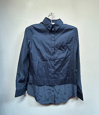 #ad Vince Womens Button Up Shirt Long Sleeve Blouse Contrast Cotton Silk Blue Size 0 $94.07