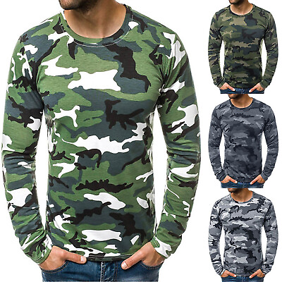 #ad Mens Sports Undershirts Gym Workout Camouflage Tops Slim Fit Long Sleeve T Shirt GBP 5.51
