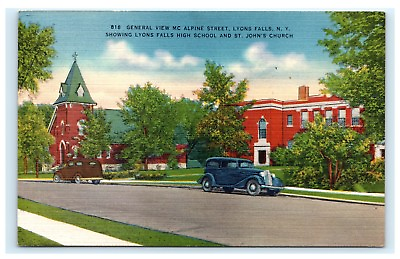 #ad McAlpine Street Lyons Falls NY High School St. John’s Church Postcard C6 $2.99