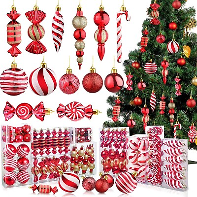 #ad 84 Pcs Christmas Tree Ornaments Red and White Ball Ornaments Bulk Xmas Hangi... $90.38