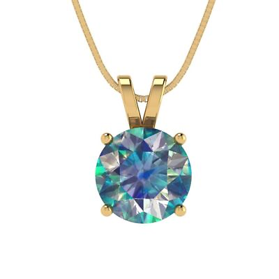 #ad 2.5ct Round Classic Pendant 16quot; chain 14k Yellow Gold Blue synthetic Moissanite $266.94