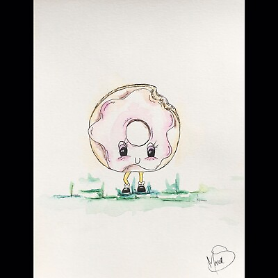 #ad Maria Scalf Donut Food Cartoon ORIGINAL PAINTING Watercolor 9x12 Expressionism $69.00