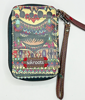 #ad Sakroots Wristlet Zip Around Wallet Phone Pouch Colorful Boho Faux Leather 3x5quot; $14.40