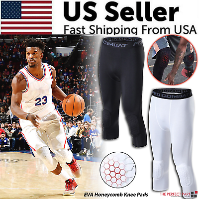 #ad Men#x27;s Basketball Sports Tight Pants 3 4 Compression Workout Leggings Knee Pads $14.49