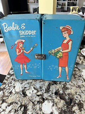 #ad Barbie amp; Skipper Little Sister 1964 Double Doll Carrying Case Blue Trunk Sheath $20.93