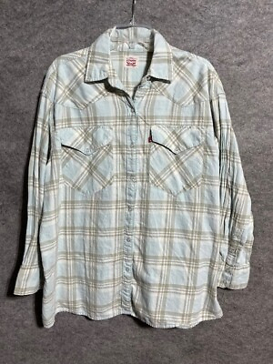 #ad Levi#x27;s Button Shirt Mens L Cotton Pearl Snap Flannel Plaid Long Sleeve Gray Blue $32.99