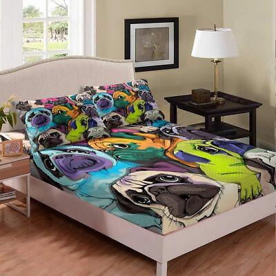 #ad Pug Fitted Sheet Lovely Pug Dog Bedding Set Colorful Pugs Bed Cover for Kids ... $53.84