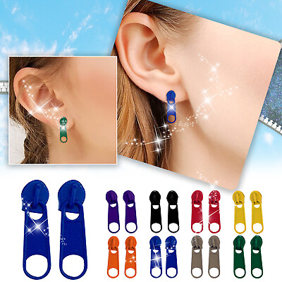 #ad Summer Color Zipper Buckle Stud Earrings Personality Soft Girl Ear Clip $6.56