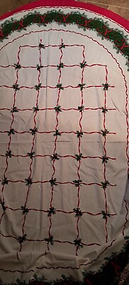 #ad Beautiful Vintage Christmas Tablecloth Red Ribbon Garland 59x82” oval $32.00