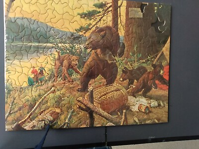 #ad PHILIP GOODWIN LARGE PICTURE PUZZLE amp; BOX 1940s BEARS RAIDING CAMP CANOERS $29.99