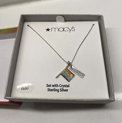 #ad NEW Macy#x27;s Rainbow Crystal Pride Flag Pendant Necklace Sterling Silver $10.49