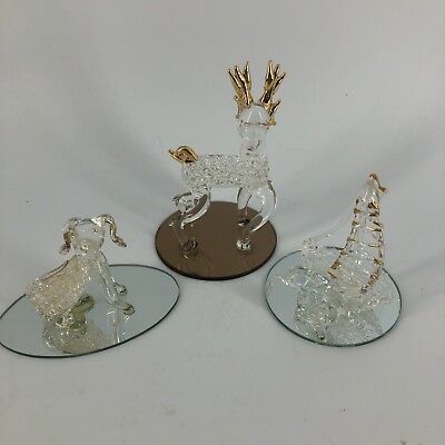 Vintage Hand Spun Glass Miniature Figurines Deer Dog Dolphin Clear Gold Lot of 3 $4.50