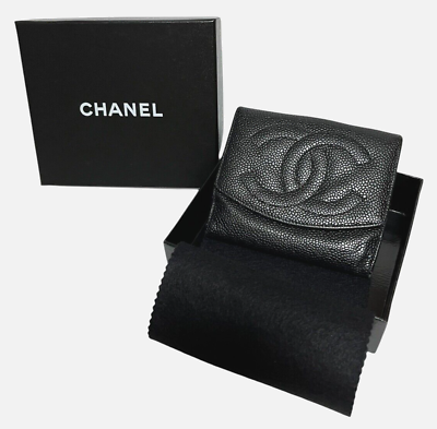 #ad Chanel black caviar skin leather bifold wallet with box and accessories $139.80