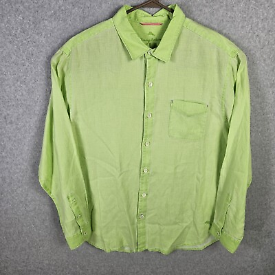#ad Tommy Bahama Linen Button Up Shirt Mens XL Solid Lime Green Long Sleeve Beach $16.19
