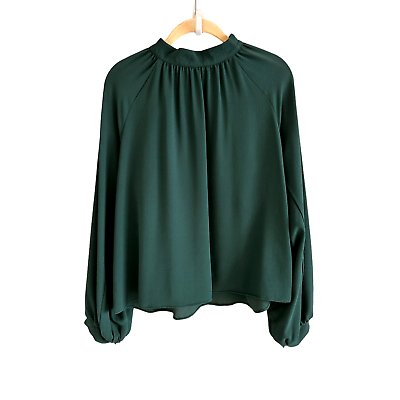 #ad Lush Women#x27;s Medium Green Long Sleeve Mock Neck Flowy Formal Blouse $30.00