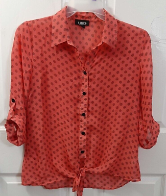 #ad A. BYER Women#x27;s Size L Orange amp; Black Roll Tab Sleeve Button Up Collared Top $9.99