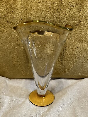 #ad Flared Bubble Art Glass Vase Amber And Clear 10” Large Wavy Rim $34.90