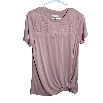 #ad Maurices T Shirt Women#x27;s Small Pink Mauve Short Sleeve Twist Lace Tee $6.16