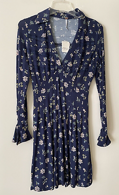 #ad New FREE PEOPLE Size XS Blue Floral Dark Combo Dress Lace Insets $59.99