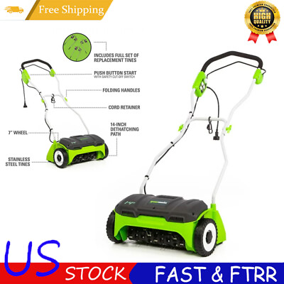 #ad 14 Inch Corded Electric Dethatcher Robotic Lawn Mower 10 Amp Adjustable Tillers $193.50