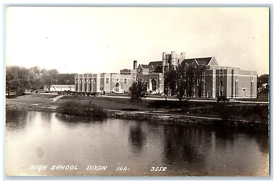 #ad c1940#x27;s High School Building Lake Front Dixon IL RPPC Photo Vintage Postcard $14.98