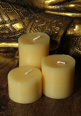 #ad Yellow BEESWAX Set of 3 Pillar Candles 100% Organic Pure Honey Bees Wax $16.00