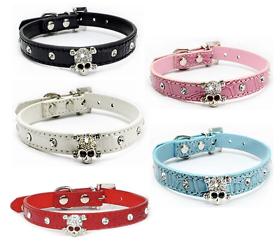 #ad Dog Collar Rhinestone Skull Pink Red Black White Blue Faux Leather XS S M L $9.99