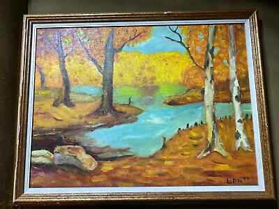 #ad L.D.R 1977 quot;An Autumn River And Landscape Scenequot; Oil Painting Initialed Framed $158.00