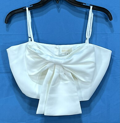 #ad New TWO TWIN STYLE Dressy White Satin BACK BUTTON Cropped BOW FRONT Tank Top M $10.80