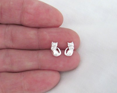 #ad Sterling Silver 10mm Cat with bow post stud earrings. $14.18