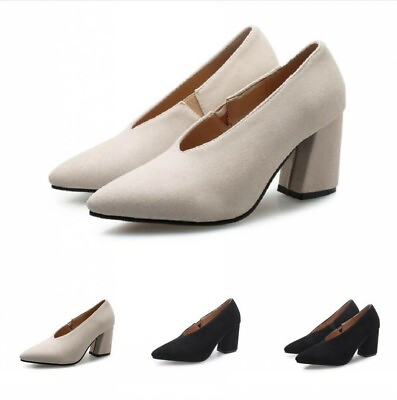 #ad New Women Suede Fabric V cut Patterb Slip On Pointy Toe Block Heel Pumps Shoes B $34.19