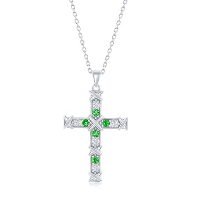 #ad Sterling Silver CZ Cross Necklace Emerald CZ $65.00