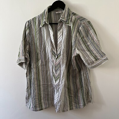 #ad Vintage Blouse Womens Shirt Top Size 16 Green White Striped Work Cotton Xmas GBP 8.99