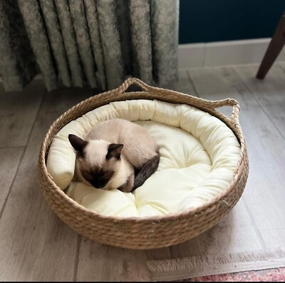 #ad Pet dog cat bed natural rattan removable mattress $75.00