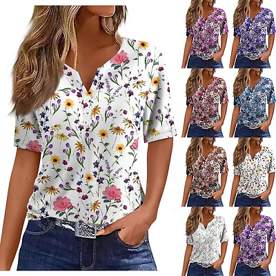#ad Women#x27;s T Shirt Print Button Short Sleeve Daily Weekend Basic V Neck Regular Top $13.33