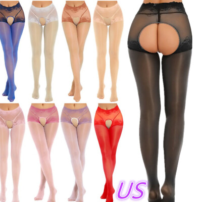 #ad US Women Glossy Semi Sheer Pantyhose Crotchless Footed Stockings Tights Hosiery $8.45