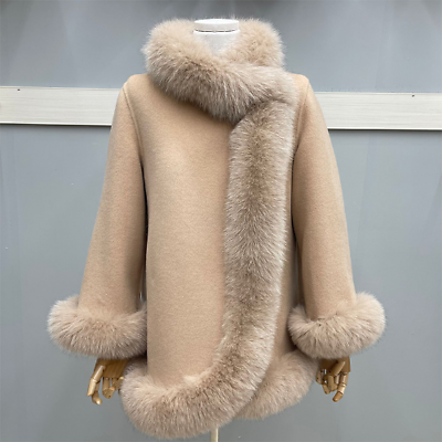 #ad Fashion Natural Fur Coat Real Fur Collar Cashmere Wool Woolen Jacket Luxury $276.54