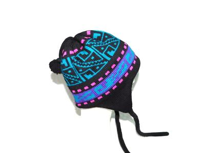 #ad Vintage Alaska Knit Black Purple Pink Blue Wool Beanie Ski Hat Tie Ear Flaps AK $14.99