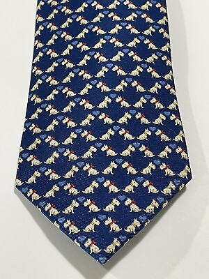 #ad Lester Tie Dog Pattern Blue Tie Beige Dog Red Collar 3.5quot; x 58quot; Silk $8.00