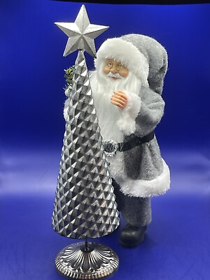 #ad 12 Inch Tabletop Santa With Tree Gray Suit Silver Metal 14 Inch Tree Christmas $9.97