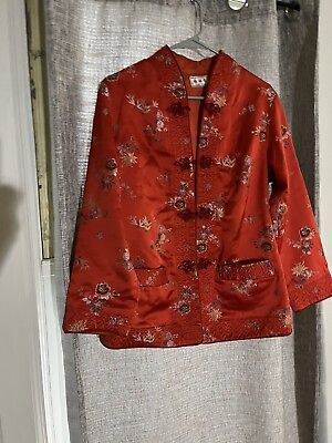 #ad Antique Vintage Shing Fwu Red Embroidered Silky Chinese Short Jacket Coat Size S $54.00