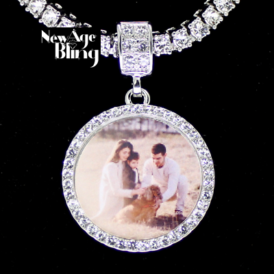 #ad Photo CZ Pendant w Custom Picture Glass Silver Plated Necklace HipHop Jewelry $29.99