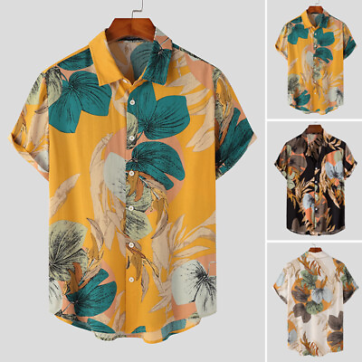 #ad US STOCK Mens Floral Ethnic Shirt Short Sleeve Collared Shirt Party Beach Blouse $17.28