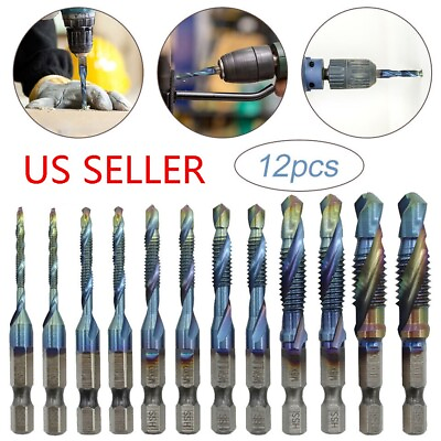 #ad 12Pcs HSS Hex Shank Drill Bits Tap M3 M10 Metric SAE Screw Thread Drill Bits Set $17.59