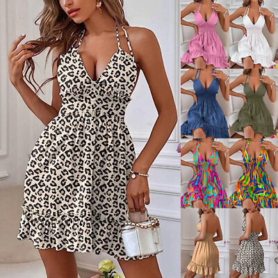 #ad Sexy Backless Womens Swing Mini Dress Summer Deep V Neck Beach Party Sundress $18.94